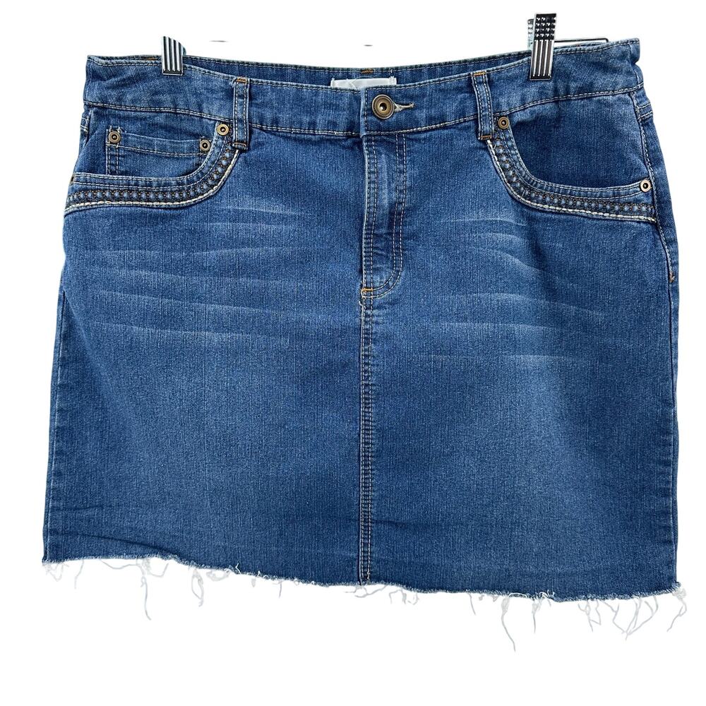 Christopher & Banks Denim Mini Skirt WMNS 14 Medium Wash Stretchy Raw Hem Casual